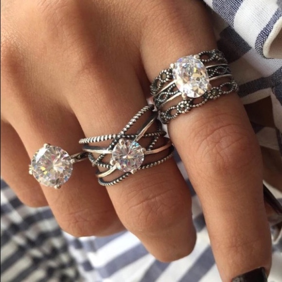 Jewelry - Silver Boho Finger Ring Set Cubic Zircon 3 Pieces
